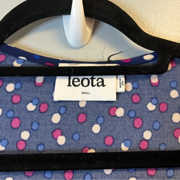 Leota Dress Blue w/ White & Pink Polka Dots Faux Wrap Dress Sz S EUC Ruffle Neck - Picture 3 of 5